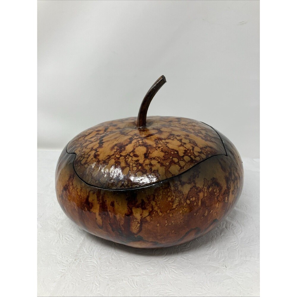 Large Gourd Bowl with Lid 9x9x7 Handcrafted Etched Glazed Cookie Jar Trinket Box